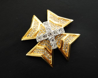 Art deco style vintage 80s gold tone metal , large, heavy maltese cross brooch with a clear rhinestones.