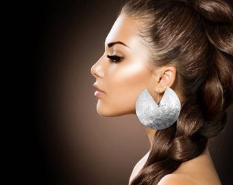 African big silver earrings, ethnic earrings, big hoop earrings, hammered earrings, hook earrings, gift for woman, extra large earrings