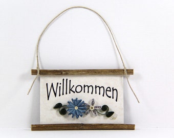 Quilled Magnet -352- Willkommen - German Welcome, Kitchen Decor, Party Favor, Blue and Grey Decor
