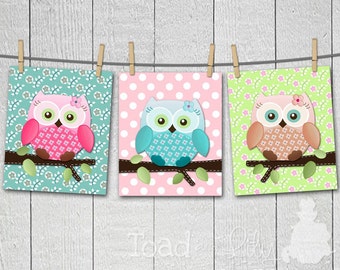 Set of 3 Patterned Sweet Little Owls Girls Bedroom Nursery 8 x 10 ART PRINTS