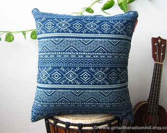 Navajo Denim Blue Throw Pillow - Geometric Indian American Style Cushion Cover 18x18" 16x16"