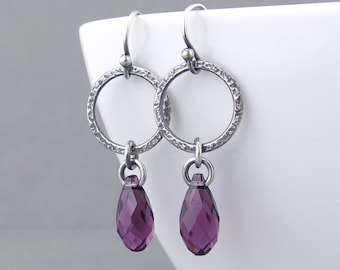 Amethyst Earrings Silver Jewelry Purple Crystal Earrings Silver Circle Earrings February Birthstone Jewelry Gift for Her - Annabelle