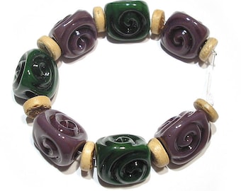 Handmade Glass SRA Lampwork Beads, Purple and Green Wedges