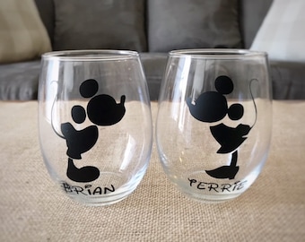 Mickey Mouse Wine Glass | Minnie Mouse Wine Glass | Engagement or Wedding Gift | Bride and Groom Disney | Disney Wedding | Disney Wine Glass