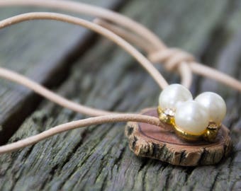 Handmade Reclaimed/Salvaged Wood Pearl Rhinestone Pendant & Necklace with Cream Leather Cord eco friendly boho statement OOAK live bark edge