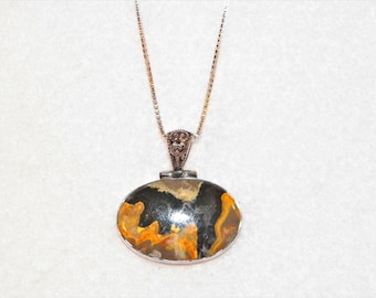 Bumble Bee Jasper Sterling Silver Pendant With 18 Inch 925 Sterling Italian Box Necklace, 925 Orange Yellow Jasper Pendant And Necklace