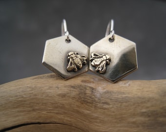 Bee Earrings - Bee Jewelry - Nature Inspired - Honeycomb - Mixed Metal - Graduation - Rivet Jewelry - Nickel Silver - Brass - Dangles