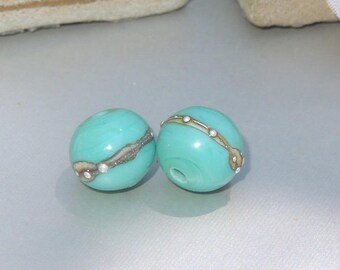 Handmade Lampwork Glass Round Bead Pair SRA DIY-Bastets Beads- Silver Mint