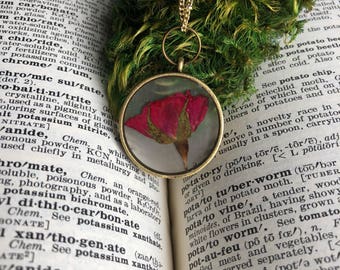 Dried rose botanical necklace, real preserved red rose