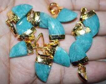 Aqua Amazonite Nails Faceted Pendant with 24 kt Gold Electroplated Edge-22 mm, Amazonite Pendant - Horn, Tooth, teeth Charm,1514