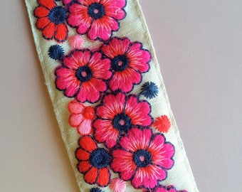 Beige Fabric Trim With Floral Embroidery, Fuchsia Pink, Red And Blue Trim, Approx. 45mm wide - 200317L132