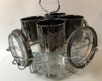 Vitreon Queens Lustreware Ombre Fade 4 Highball Glasses With Coasters and Caddy Circa 1955
