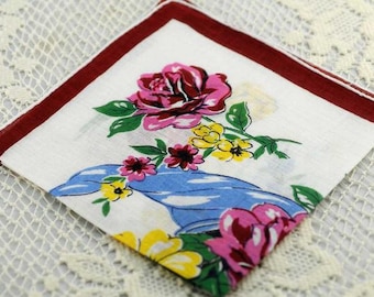 Vintage Hankie Wine, White, Yellow Floral F-40