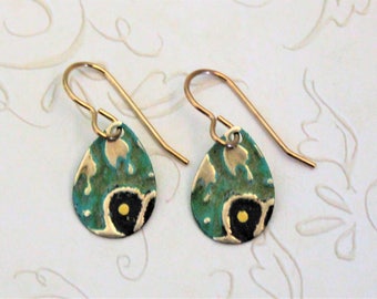 Small Petite Earrings, Teardrop Earrings, Vintaj Jewelry, Green and Brown Jewelry, Dainty Earrings, Patina Jewelry, Brass Jewelry, Deco
