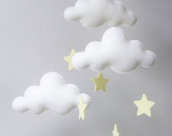 White and Pale Yellow Stars Merino Felt Cloud Mobile with Baby Nursery Childrens Decor