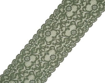 Green Stretch Lace, lace trim, wide lace, elastic lace trim, lingerie lace, gloves lace, width 6,89 inch, 17,5 cm, lace per meter, Nr 2223