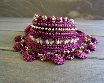 Freeform Crochet Bracelet Cuff with Japanese beads in Red, Crochet Jewelry - Unique Gift for Her