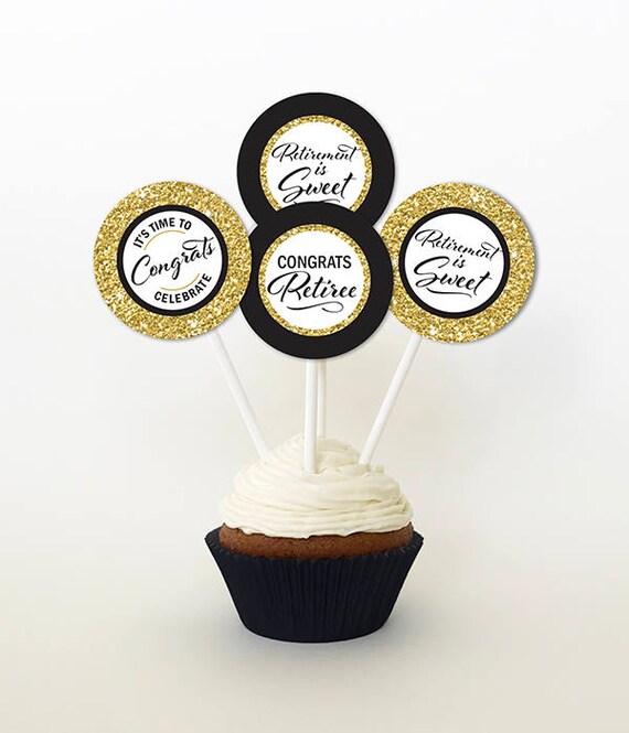 Retirement Cupcake Toppers PRINTABLE Black and Gold Glitter