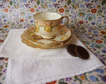 Vintage Royal Albert Tea Cup Trio Yellow Flowers and Gold 30s