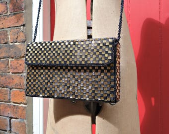 Checkerboard vintage purse | 1980s beaded purse | 80s bag | black and gold crossbody bag | box purse