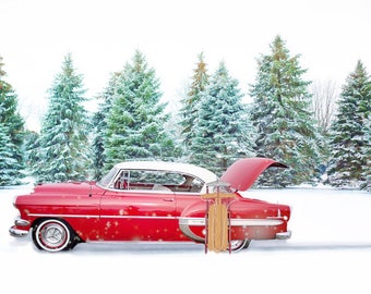 Red Chevrolet Bel Air Winter Snow Car Art Print Wall Decor Image - Unframed Poster
