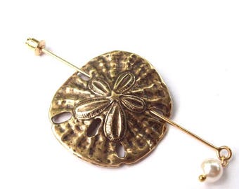 Sand Dollar Shawl Pin, Gold Lapel Pin, Hat Pin, gold shawl pin, tropical, brass, ocean, oxidized, fashion, stick pin, scarf pin, swarovski