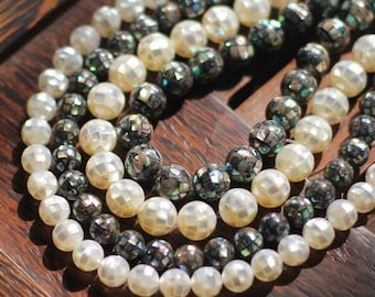 White Mother of Pearl Mosaic Beads, Abalone Shell Mosaic Beads, 10/ 12mm Round -(V1152) 16" full strand
