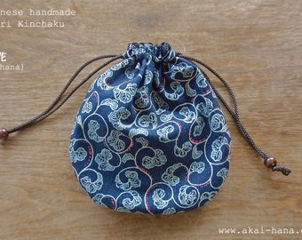 Temari Kinchaku Purse with Japanese Cotton, Aizome Style Karakusa, 100% Cotton