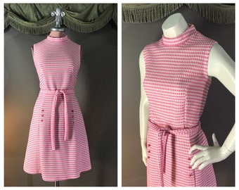 60s dress 1960s vintage PINK WHITE BUTTON woven texture fit and flare A line mod dress