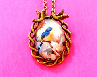 Bluebird Bird on a Branch Songbird Rose Blossom Pendant Necklace