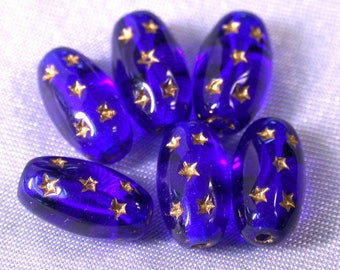 VINTAGE GERMAN Blue Glass Beads Gold Stars 9.5x5.5mm oval pkg 6 gl477