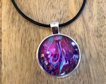 Magenta, Purple ans Teal Hand Painted Pendant Necklace, One of a Kind, Wearable Art, Jewelry , Gifts for Her, Women, Girls