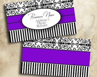 Purple Black & White Damask Business Card Template INSTANT DOWNLOAD 3.5 x 2 Inches Calling Card Elegant Design (BC24)