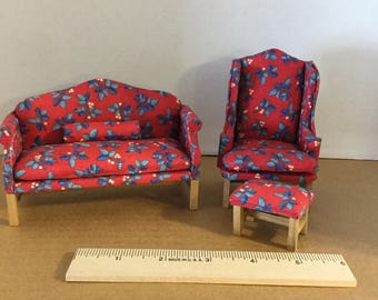 Dollhouse furniture handmade camelback sofa, wingback chair and stool