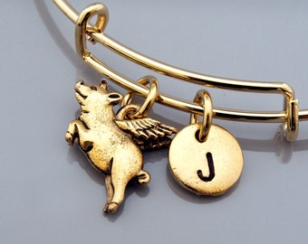 Pig with wings, flying pig, Pig bangle, Pig bracelet, Expandable bangle, Personalized bracelet, Charm bangle, Monogram, Initial bracelet