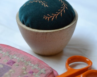 Orange Feathery Branches Embroidered Pincushion
