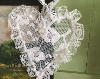 Lace heart country accent/farm house /cottage/wedding/ romantic /recycled/ wire heart wreath/ rethrifted