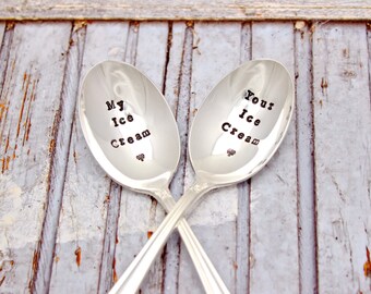 Ice Cream Spoon Set - Hand Stamped - His Hers - Mine Yours - My Your - Dessert Spoons - Vintage Silver Plated Silverware - Gift