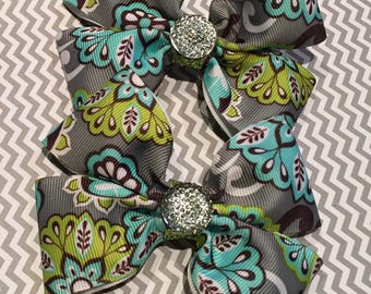 Teal, Lime Green, and Grey Pigtail Bows