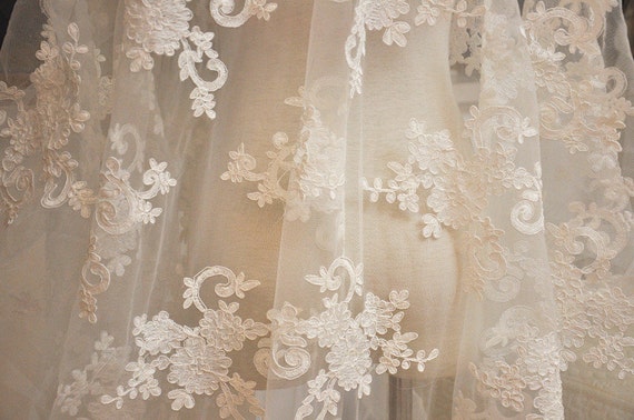 SALE alencon lace fabric in off white for bridal gowns