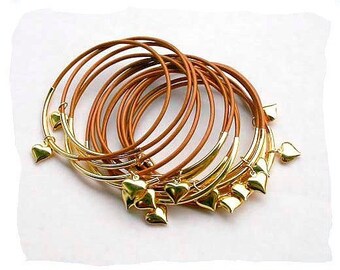 Leather Bangles Bronze with Gold-Plated Hearts