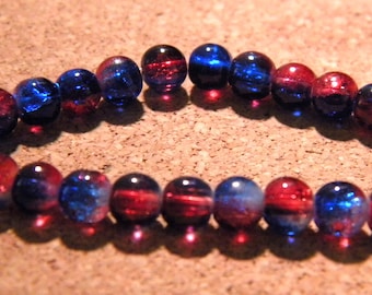 30 beads - 6 mm - 2 tone translucent Crackle Glass - blue and Red PF2 10