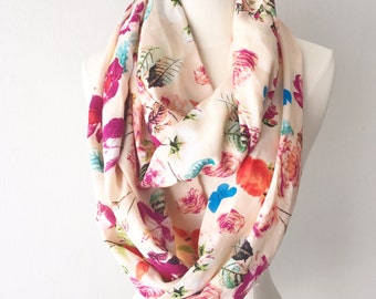 Champagne Floral Print Rayon Infinity Scarf - Gift for her, Mothers Day, Birthday, anniversary, summer, spring