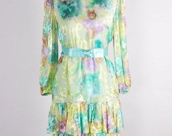 1960s/70s Pastel Burnout Velvet and Silk Party Dress/waist 28"