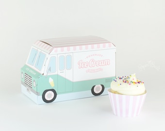 Ice Cream Party Favor Box, Ice Cream Truck Cupcake Box - Set of 4, Pastel Packaging, Birthday, Ice Cream Social, Sweet Shoppe, Centerpiece