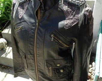 Ecofashion brown pleather ladies jacket with lace and frills size largefree domestic shipping