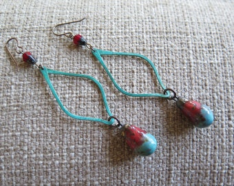 turquoise and red earrings, rustic earrings, boho earrings, festival earrings, long earrings, long red earrings, western earrings, long red
