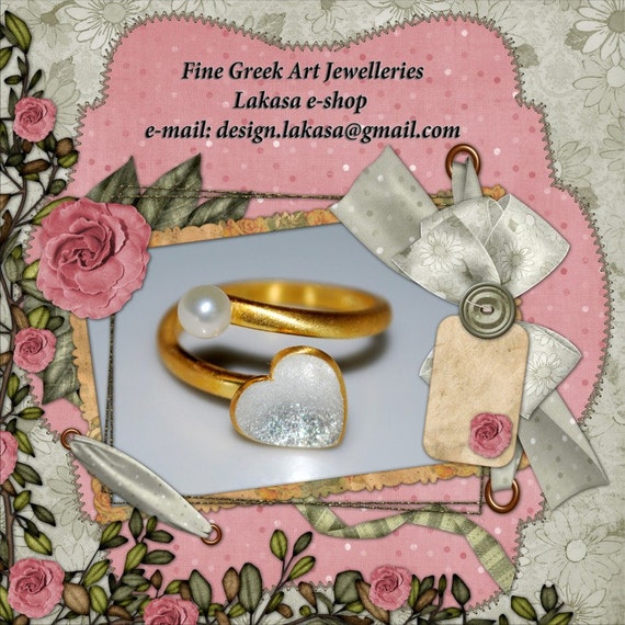 Heart Ring Sterling Silver Gold plated Freshwater Pearl Handmade Jewelry Gift for her Birthday Anniversary Princess Woman Valentine Love