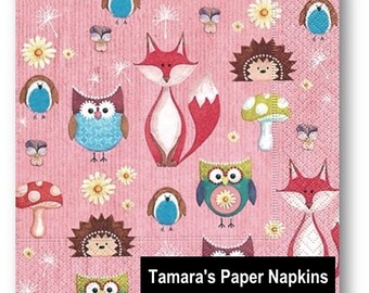 4 Decoupage Napkins, Paper Napkins, FOX & FRIENDS PINK, 33cm 13 Inch. Printed Paper Napkins for Decoupage, Paper Serviette.