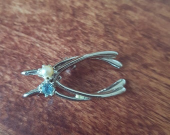 Vintage Double Wishbone Brooch, Brilliant Silver Tone, Rhinestone and Faux Pearl Brooch